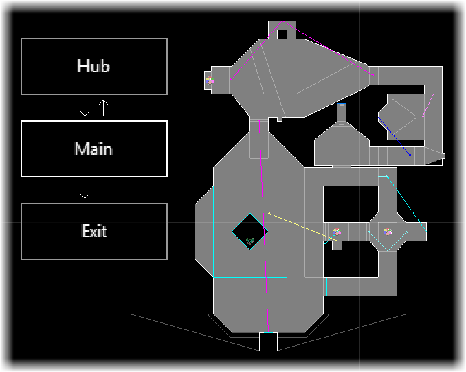 The map of The Spaceport (MAP01), now with all of its sectors painted with the Main region