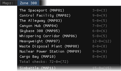 The menu listing all maps inside Zone 300 (abbreviated)