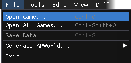 The File menu of ap_gen_tool, with Open Game highlighted